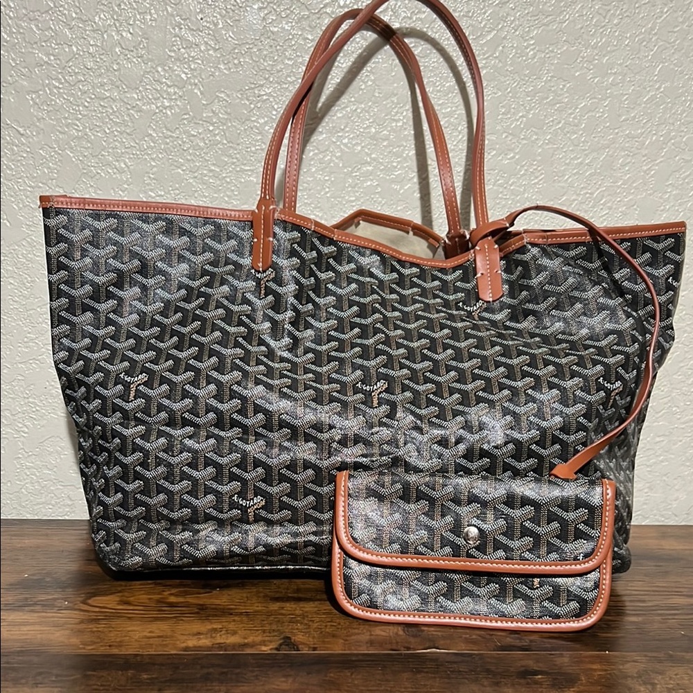 Designer-Style Black Patterned Tote with Brown Trim